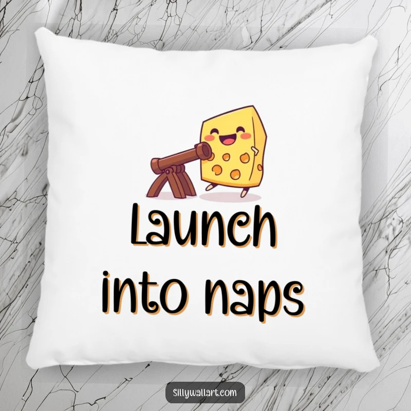 Funny grinning cheese launching from a catapult, designed as a soft pillow for cozy, humorous, and adventurous relaxation.
