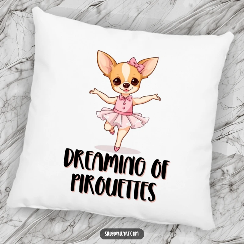 Funny Chihuahua Ballerina Pillow featuring a cute dog in a ballet costume, looking charmingly wobbly.