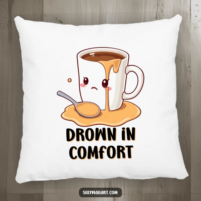 Funny oversized coffee mug comically overflowing onto a startled spoon, designed as a soft pillow for cozy, humorous comfort.