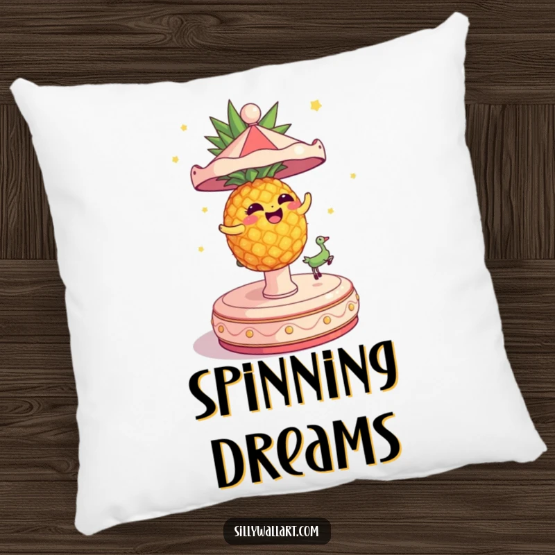 Funny Pillow featuring a dizzy pineapple spinning wildly on a carousel, a fun accent piece.