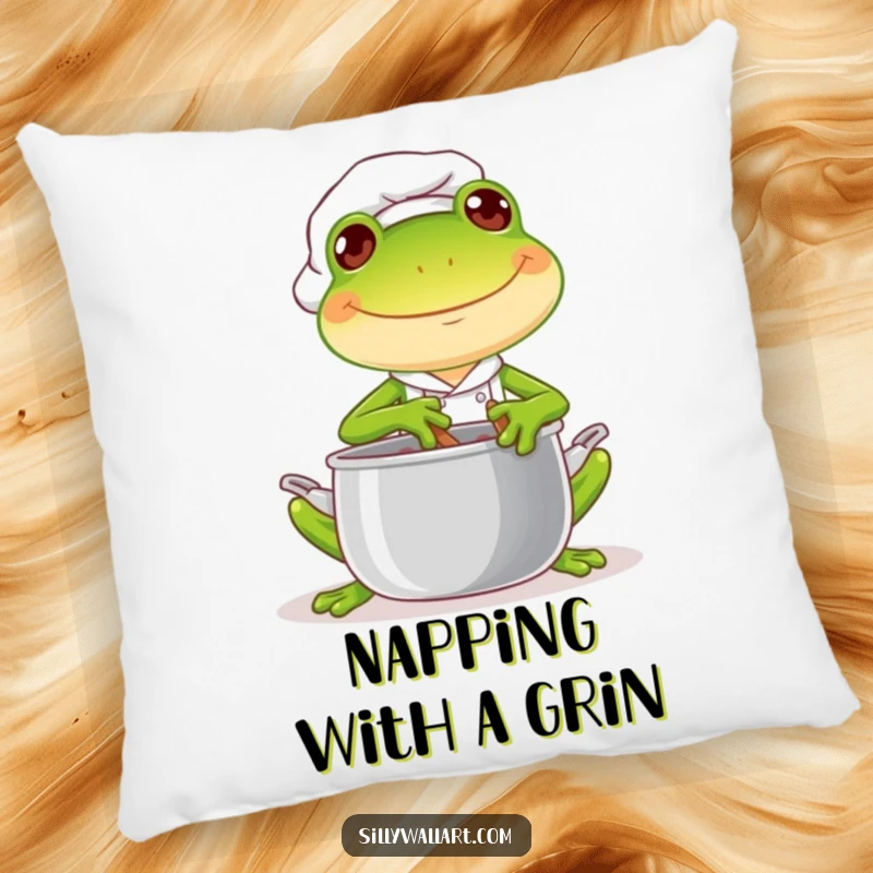Funny pillow featuring a joyful frog chef stirring a pot with a mischievous glint, offering comfort and culinary cheer.