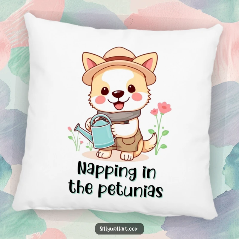 Funny gardener dog pillow, cheerful dog in gardening clothes with watering can, soft and humorous cushion.