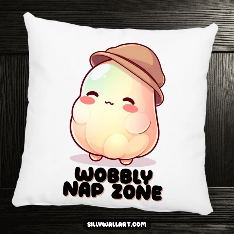 Funny jelly blob pillow featuring a jiggly character uncontrollably wobbling while trying to wear a tiny hat, offering soft humor.