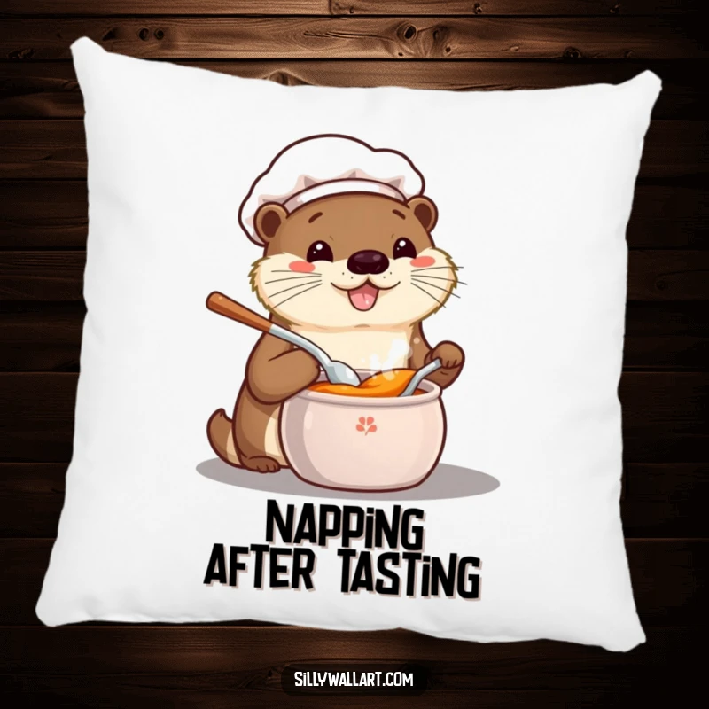Funny pillow featuring a happy kawaii otter chef tasting from a pot, offering comfort and a dash of culinary cheer.
