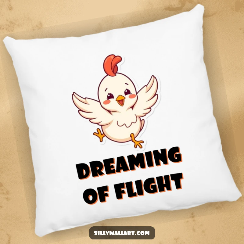 Funny pillow featuring a delighted rubber chicken with tiny wings comically trying to fly, soft and humorous comfort.