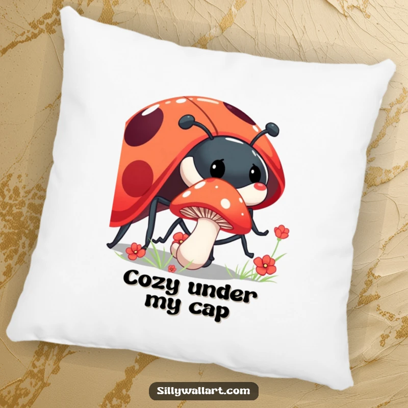 Funny shy mushroom pillow with a mushroom peeking from behind a giant, laughing ladybug, soft and charming.