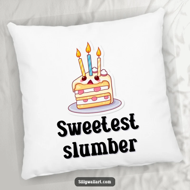 Funny pillow with a surprised slice of cake, its candles floating upwards like balloons, offering soft comfort and whimsical appeal.