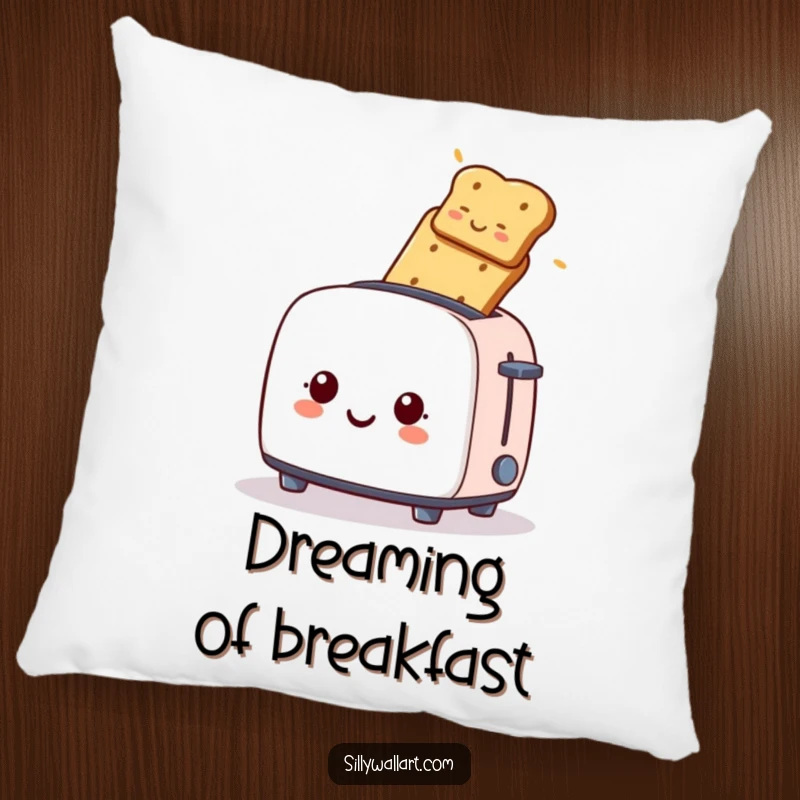 Funny pillow, a smiling toaster launching toast, bringing comfort and breakfast humor.