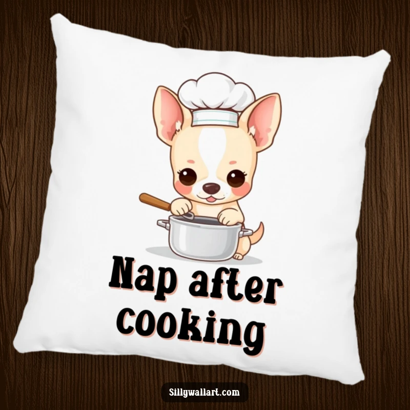 Funny pillow with a chihuahua in a chef hat, stirring a miniature pot. Adds cozy charm and culinary flair.