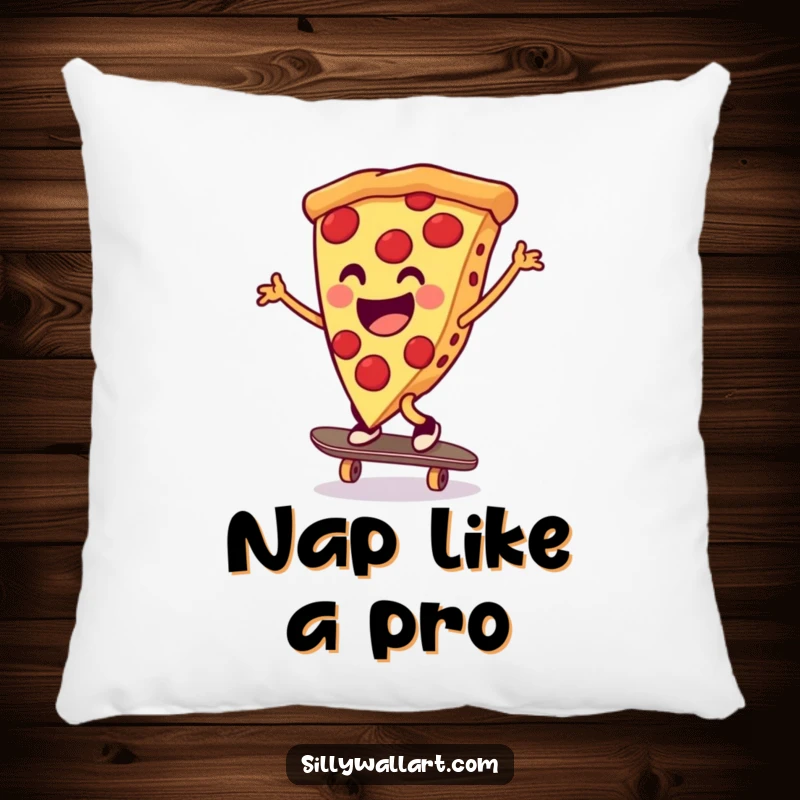 Funny pizza slice doing a cartwheel on a skateboard, designed as a soft pillow for maximum comfort and playful decor.