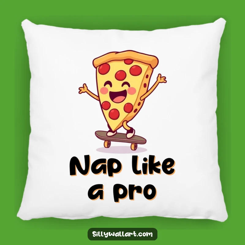 Funny Pizza Skateboarder Pillow: Cheerful Slice Cartwheeling Comfort, Cozy Gift