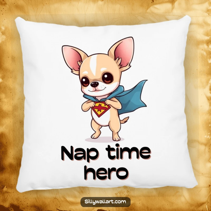 Funny pillow with a chihuahua dressed as a superhero, striking a dynamic pose. Cozy and heroic addition to any room.