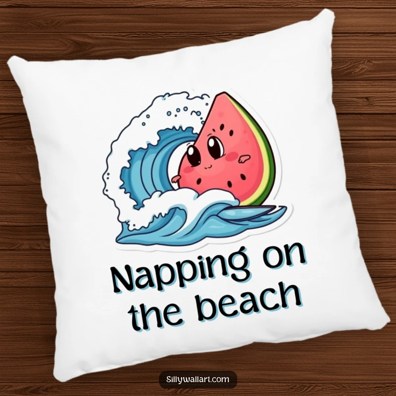 Funny watermelon slice with googly eyes, surfing a wave, featured on a soft pillow for humorous home decor.