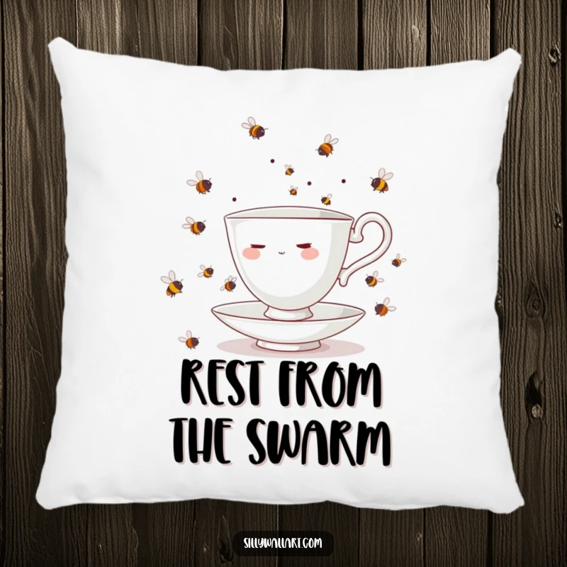 Funny teacup character, comically stressed while juggling bees, featured on a soft pillow for humorous home decor.