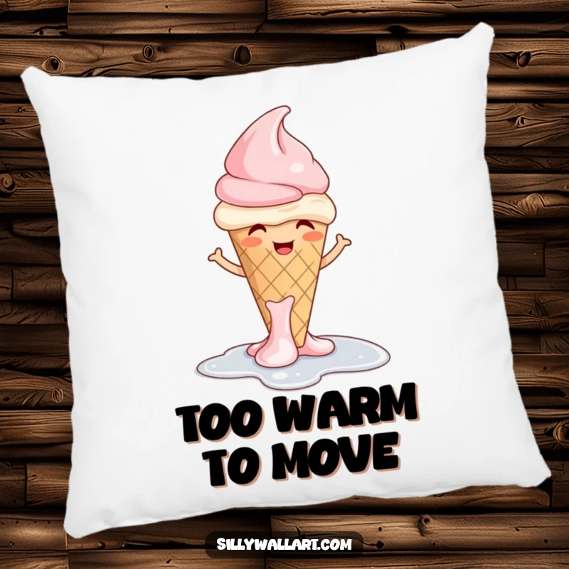 Funny ice cream pillow featuring a giggling cone melting into a puddle with a shrug, soft and humorous.
