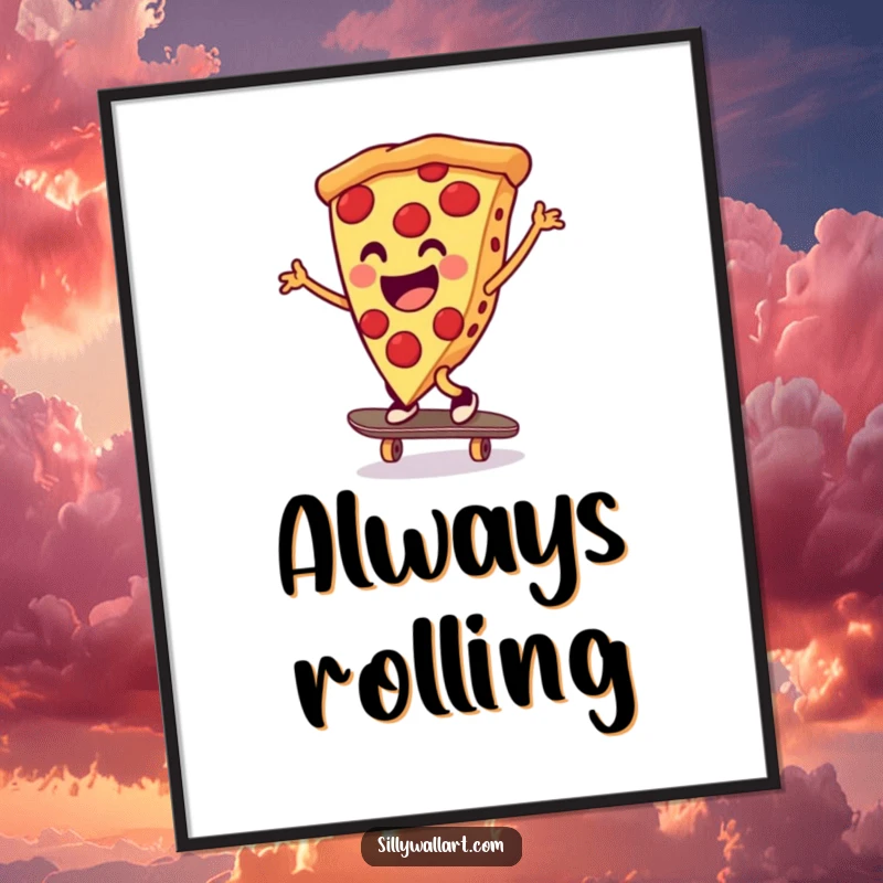 Funny pizza slice doing a cartwheel on a skateboard, digital art print that brings vibrant, humorous energy to any wall.