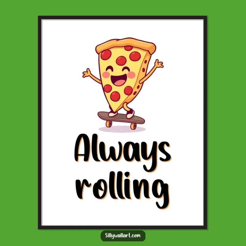 Funny Pizza Skateboarder Digital Art: Cheerful Slice Cartwheeling, Instant Fun