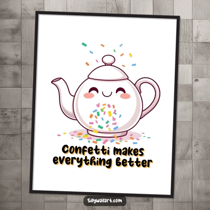 Funny digital art print of a cheerful teapot joyfully pouring a stream of colorful confetti, perfect for vibrant decor.