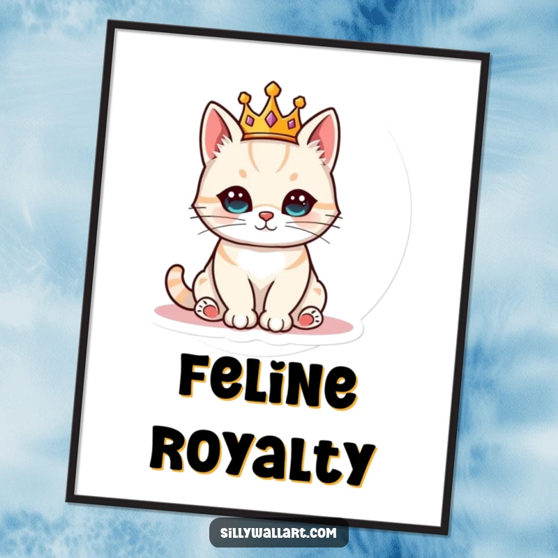 Funny cat wearing a small crown, sitting like royalty, offered as a digital art print for humorous and elegant decor.