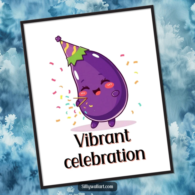 Funny digital art print of a beaming eggplant wearing a party hat and blowing a confetti popper, ideal for instant, festive decor.