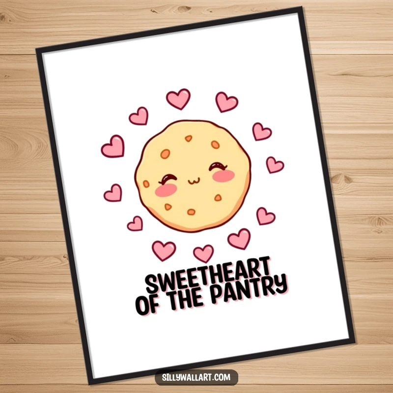 Funny digital art print of a shy cookie blushing with hearts floating around, bringing sweet romance and humor to any digital display.