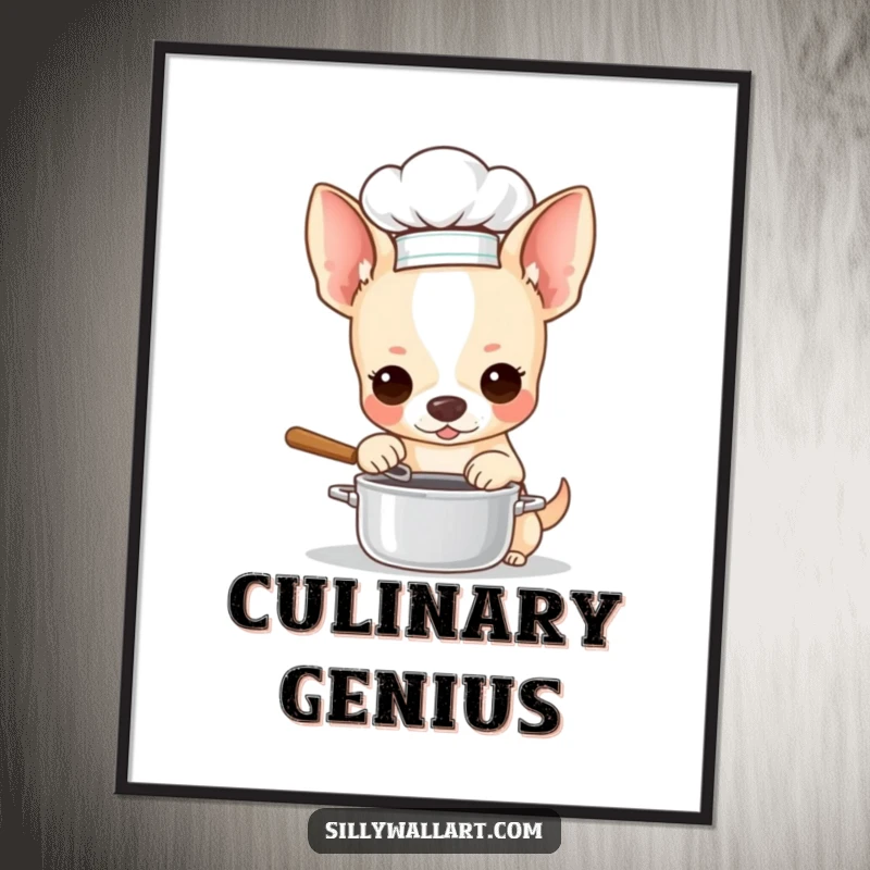 Funny digital art print of a chihuahua in a chef hat, stirring a miniature pot. Ideal for culinary and cute wall decor.