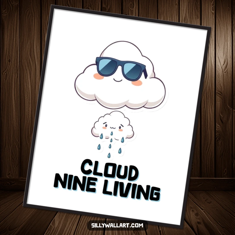 Funny cool cloud digital art print of a proud cloud in sunglasses floating above a tiny, worried rain cloud, whimsical and humorous.