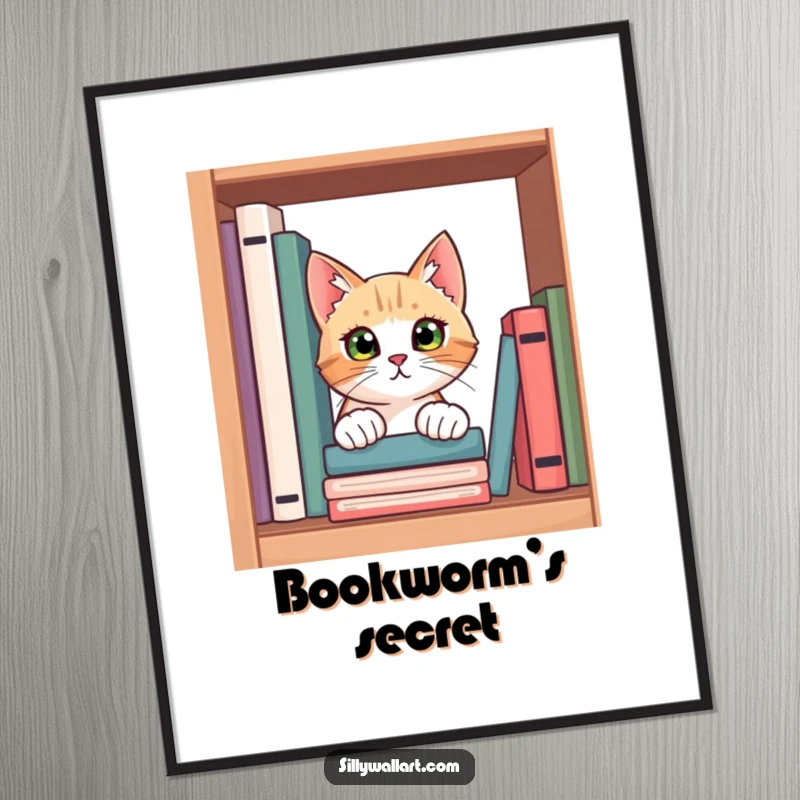 Funny digital art print of a curious cat peeking from behind a bookshelf, its eyes wide with wonder, inviting exploration.