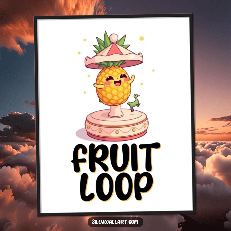 Funny Digital Art Print of a dizzy pineapple spinning wildly on a carousel, great for wall decor.
