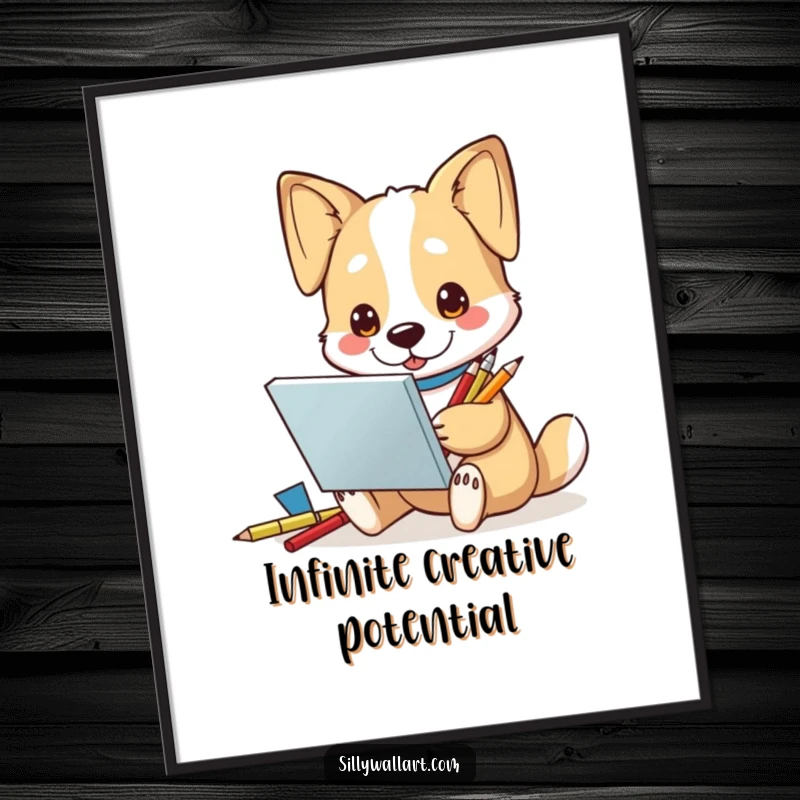 Funny Digital Art Print: Dog artist character with sketchbook and pencils, looking inspired and full of creative energy.