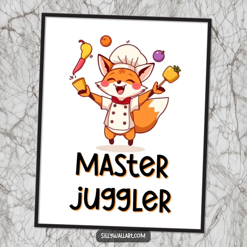 Funny Fox Chef Digital Art Print of an energetic fox chef juggling three colorful ingredients mid-air with contagious excitement.