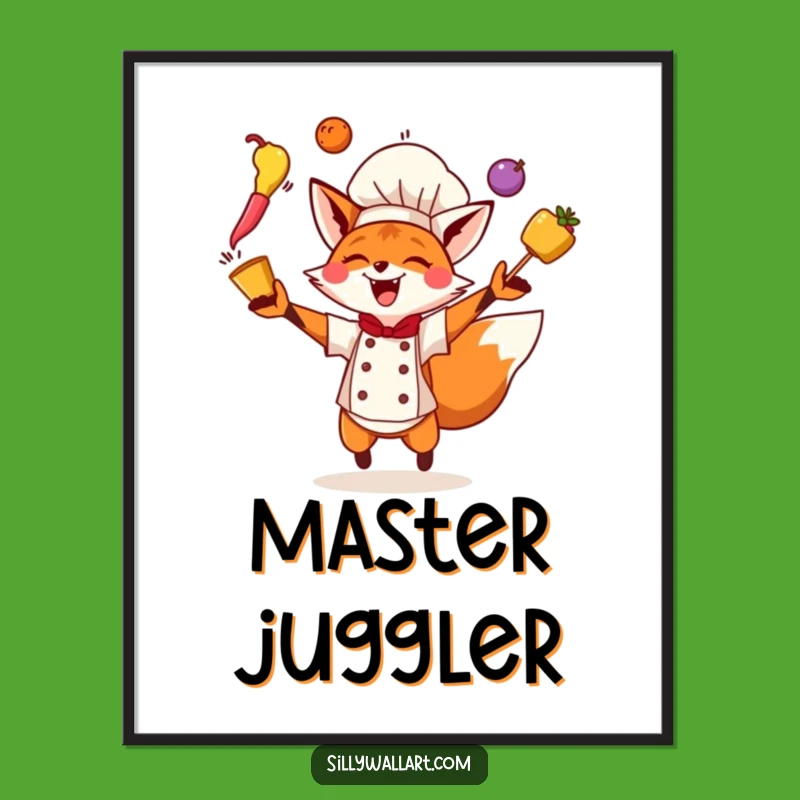 Funny Fox Chef Digital Art: Juggling Excitement, Perfect Wall Decor Gift!