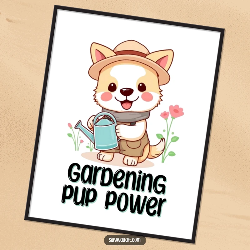 Funny gardener dog digital art print, cheerful dog with watering can, humorous downloadable decor.