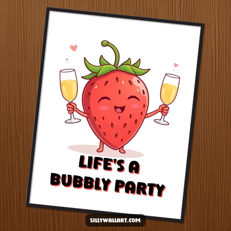 Funny digital art print of a laughing strawberry expertly juggling tiny champagne glasses, offering a vibrant and humorous decorative element.