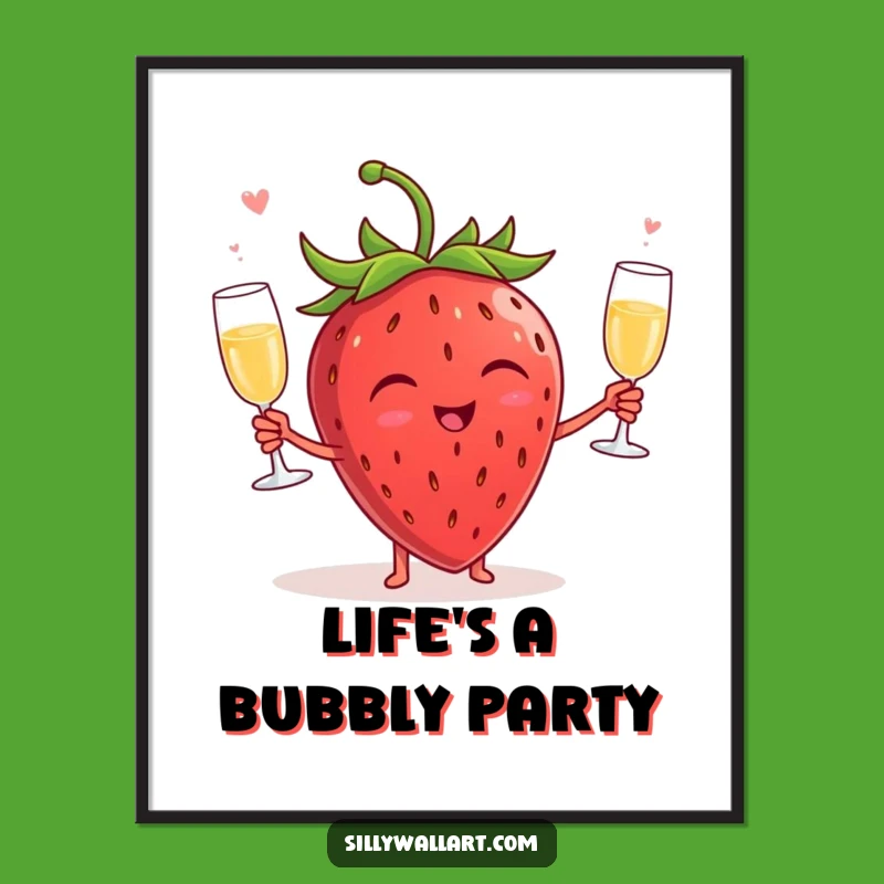 Funny Giggling Strawberry Champagne Digital Print - Instant Hilarious Festive Wall Art