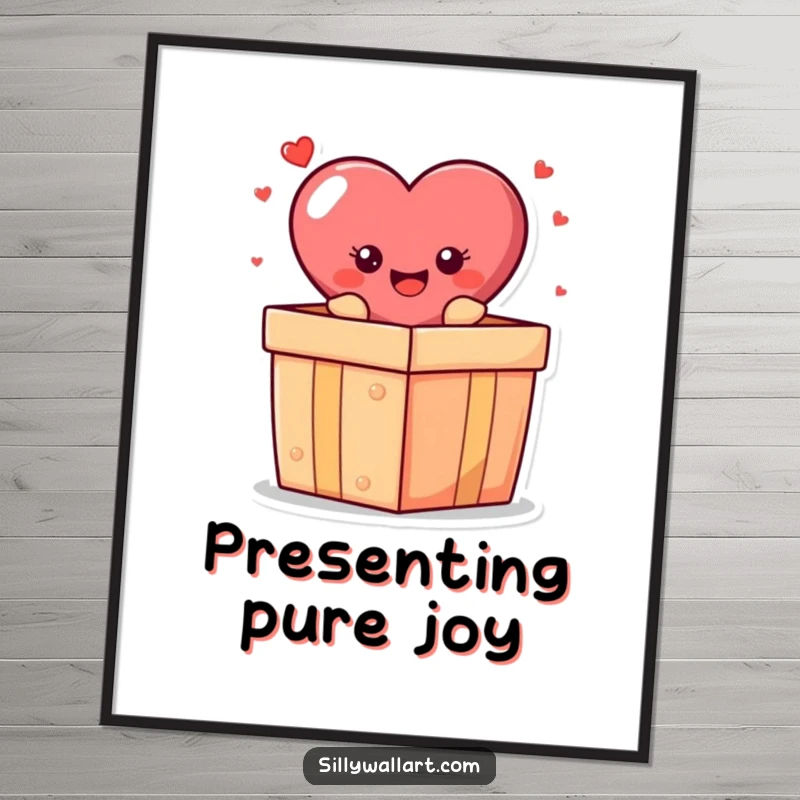 Funny digital art print: A cheerful heart character popping out of a gift box, bringing instant joy and humor.
