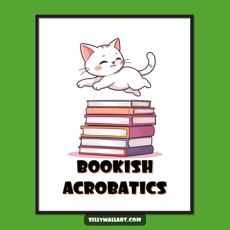 Funny Leaping Cat Digital Print - Graceful Art for Book Lovers
