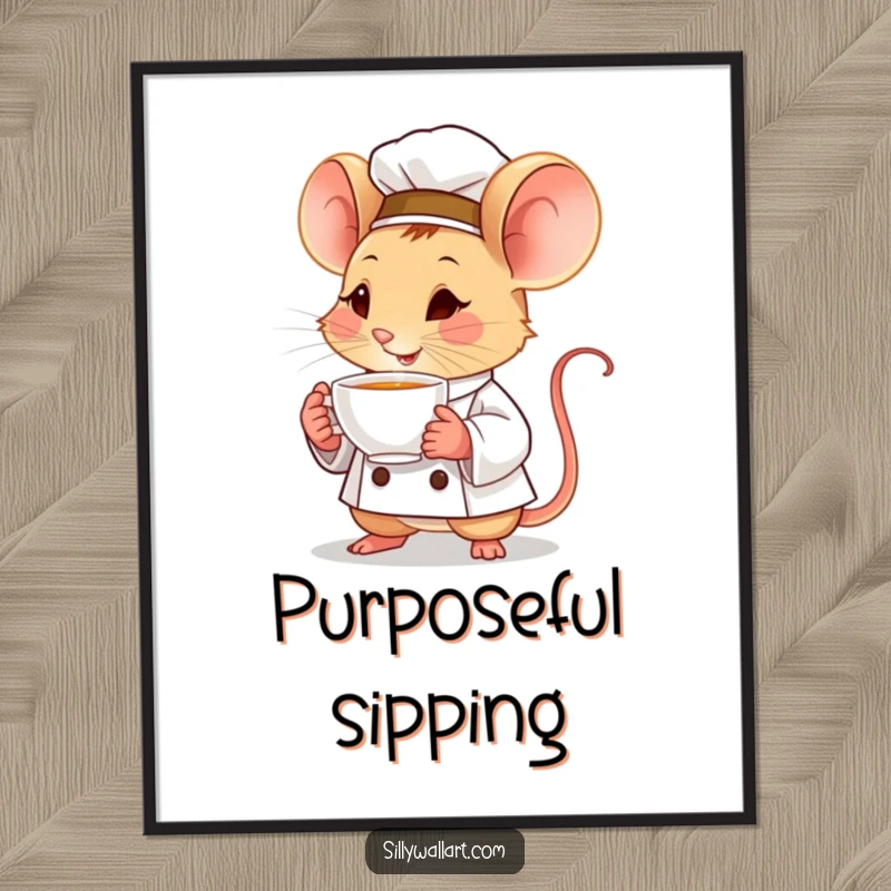 Funny digital art of a determined little mouse chef holding a tiny, steaming teacup, bringing focus and quiet charm.