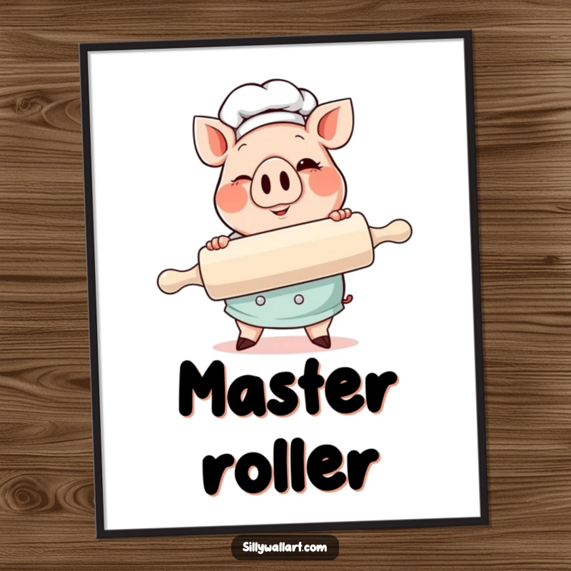 Funny Pig Chef Digital Art Print featuring a cheerful pig chef holding a giant rolling pin and giving a charming wink.