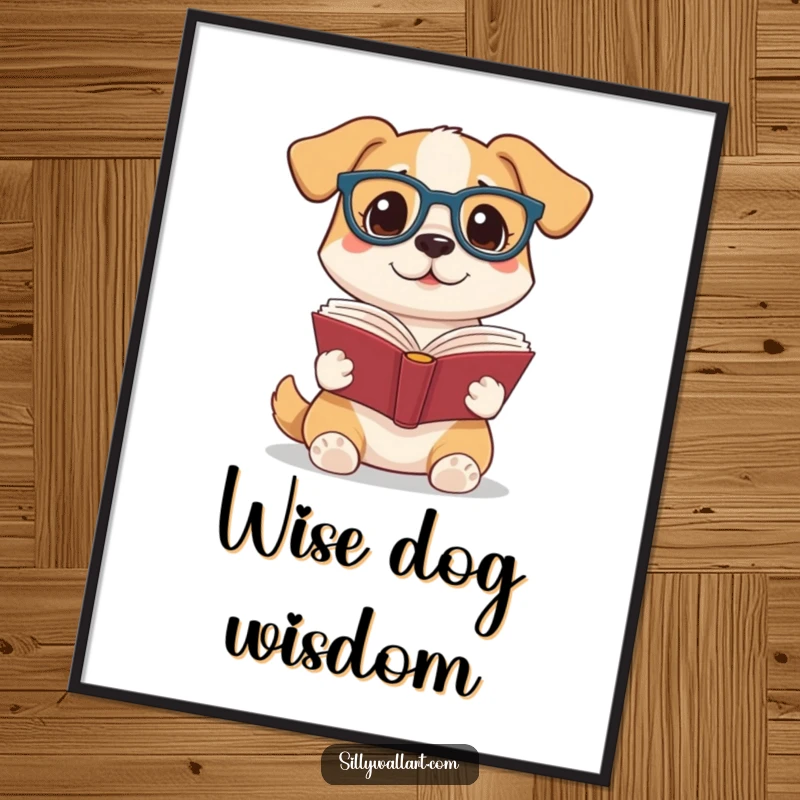 Funny digital art print of a dog with reading glasses, holding a book, perfect for instant wall decor, celebrating a love for reading and humor.