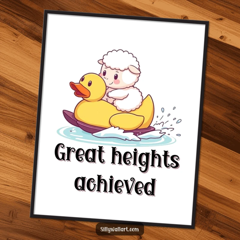 Funny digital art print, a fluffy sheep waterskiing on a giant rubber duck, perfect for humorous wall decor.