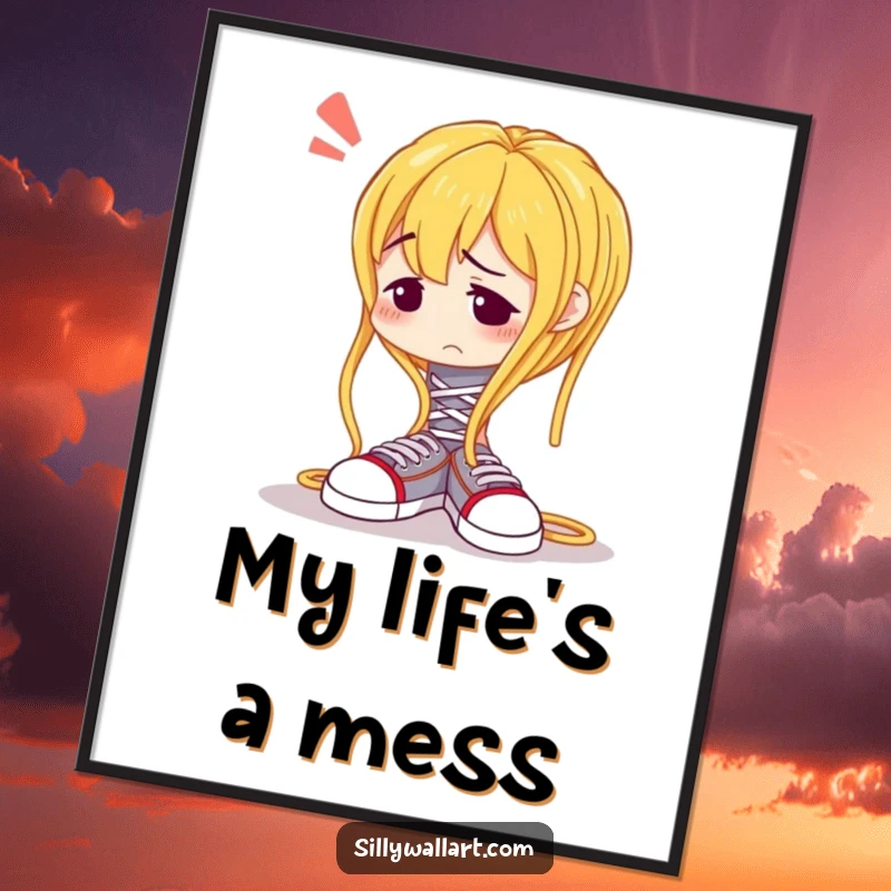 Funny digital art print of a confused spaghetti noodle comically struggling to tie shoelaces, printable decor.