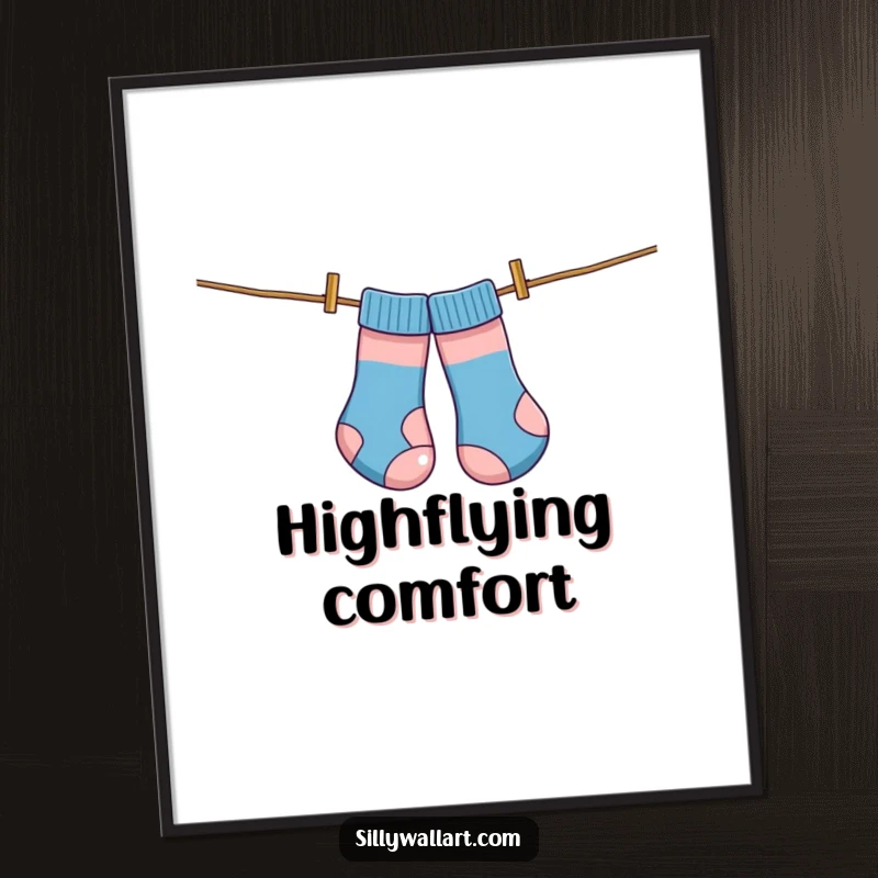 Funny digital art print, socks comically tangled on a clothesline like kites, perfect for humorous wall decor.