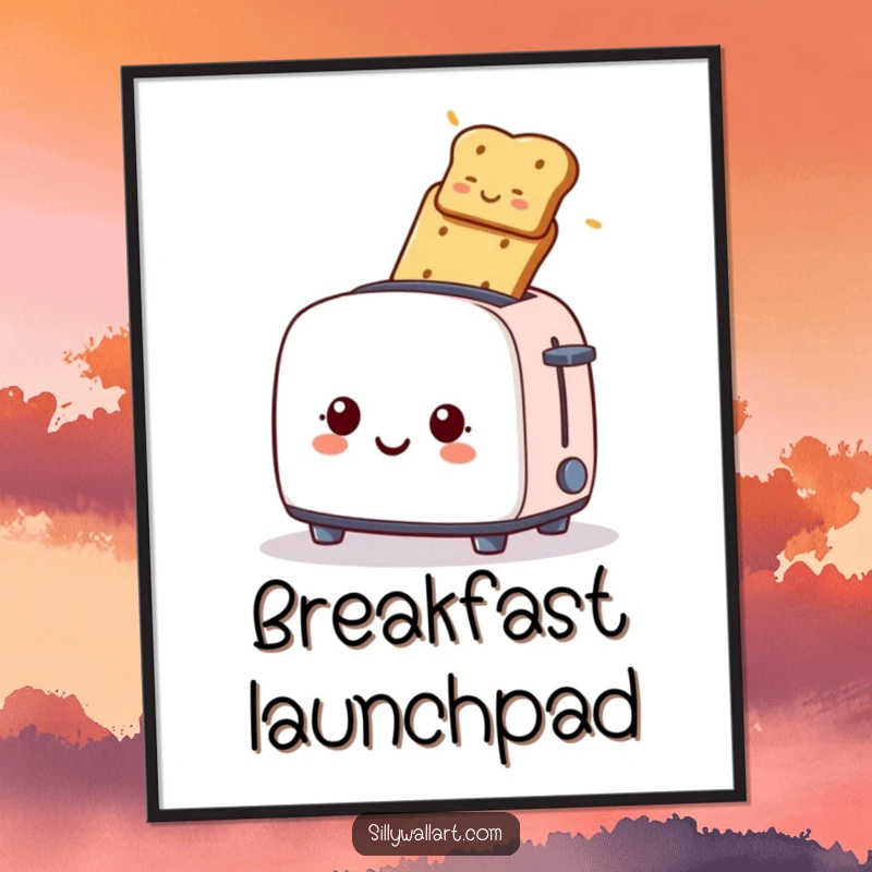 Funny digital art print, a smiling toaster launching toast upwards, perfect for humorous kitchen wall decor.