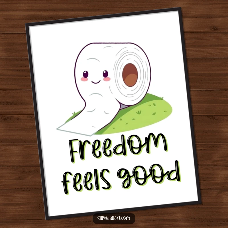 Funny digital art print of a cheerful toilet paper roll comically rolling down a hill, printable decor.