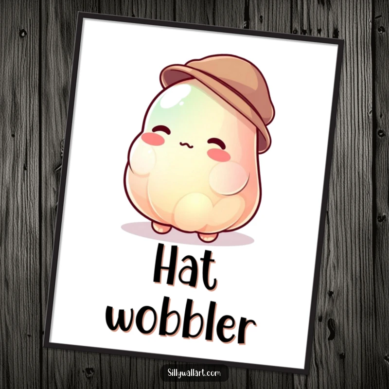 Funny jelly blob digital art print of a jiggly character uncontrollably wobbling while trying to wear a tiny hat, perfect for fun decor.