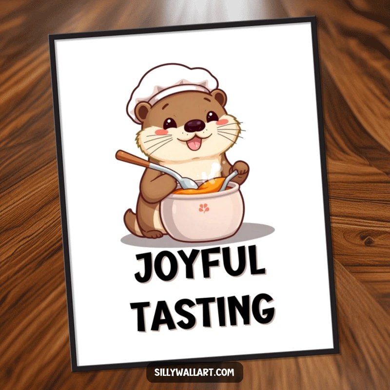 Funny digital art of a happy kawaii otter chef enthusiastically tasting from a pot, bringing culinary joy and cheerful vibes.