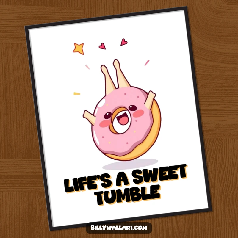Funny digital art print of a joyful donut performing a celebratory somersault with sprinkles, adding instant humor and sweetness to any digital display.