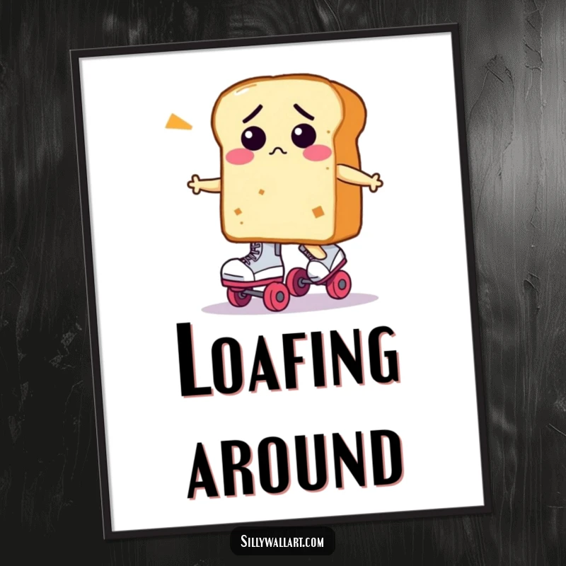 Funny loaf of bread character, confused on roller skates, as a downloadable digital art print for humorous decor.