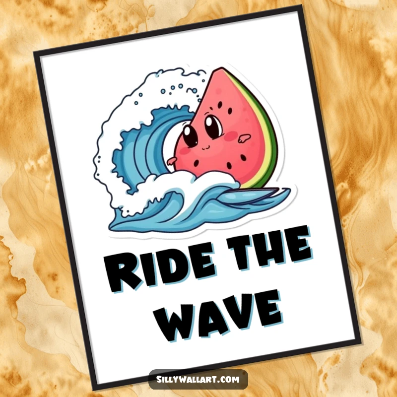 Funny watermelon slice with googly eyes, surfing a wave, as a downloadable digital art print for humorous decor.